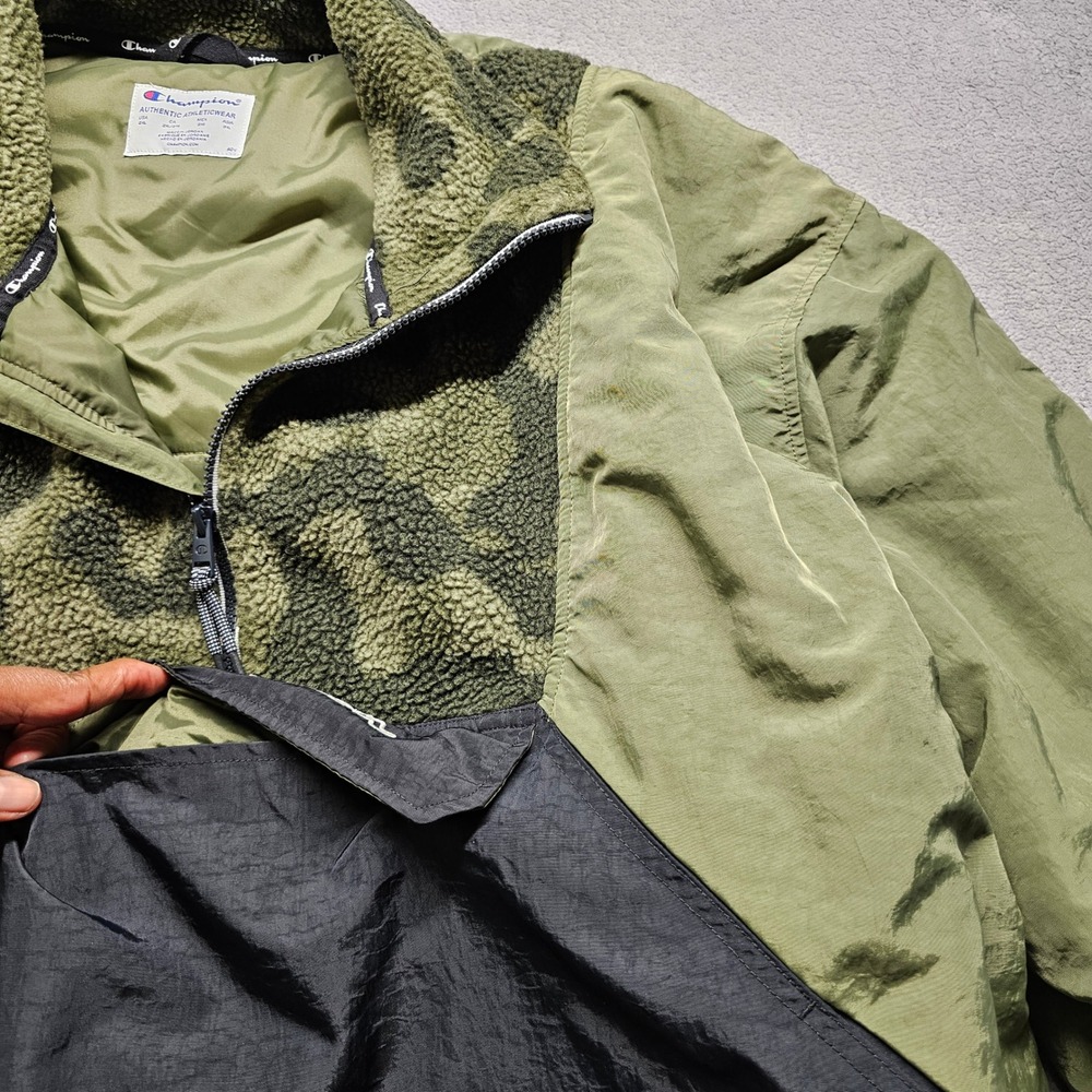 Champion Mens 2XL Anorak Windbreaker Olive Green Black Camo Quarter Zip V7405 - Picture 8 of 14